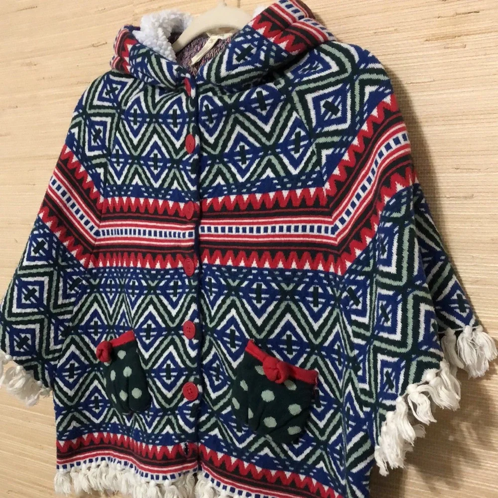 Matilda Jane A Caroling We Go Patterned Tassel Button Front Hooded Poncho 10